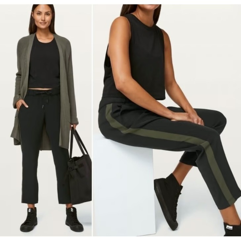 Lululemon On the Fly Pant Women 4 Black Olive Green Stripe 7/8 Jogger Athleisure